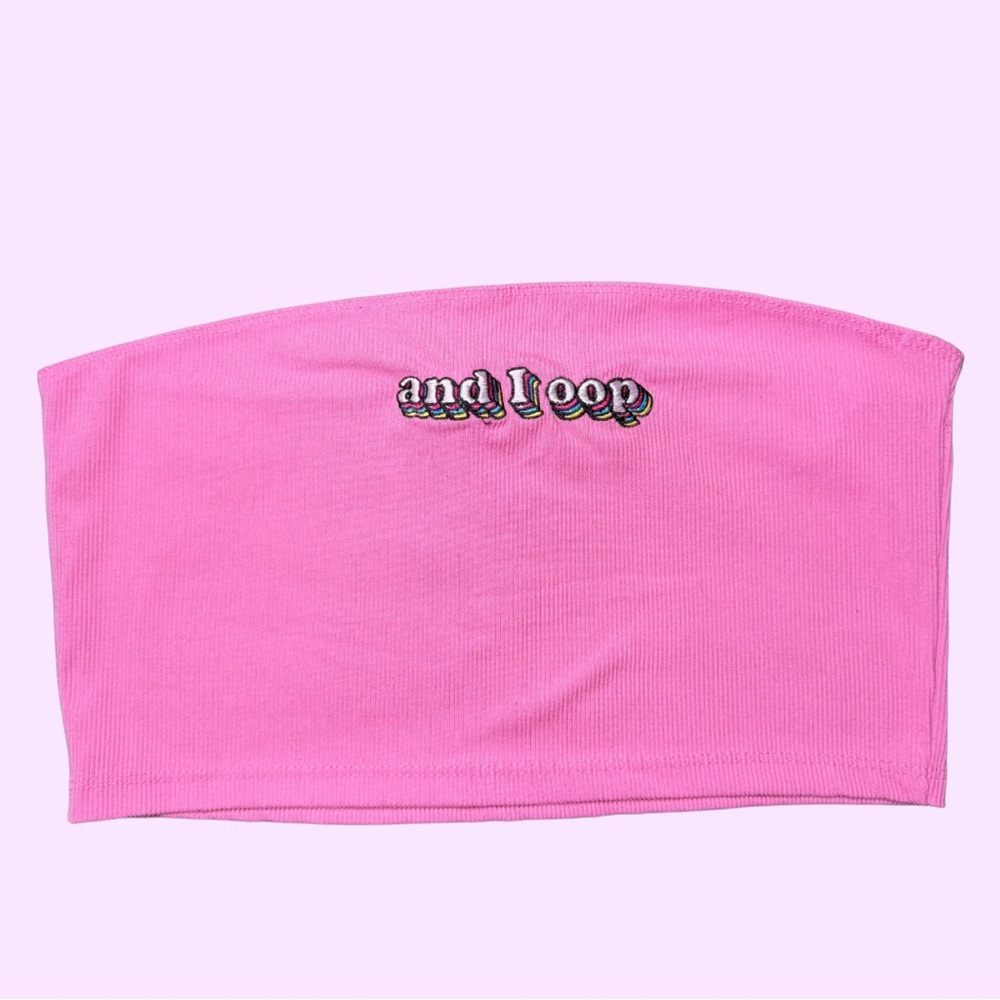 Rue21 Bright Pink Ribbed Tube Top with Multicolor 'and I oop' Embroidery